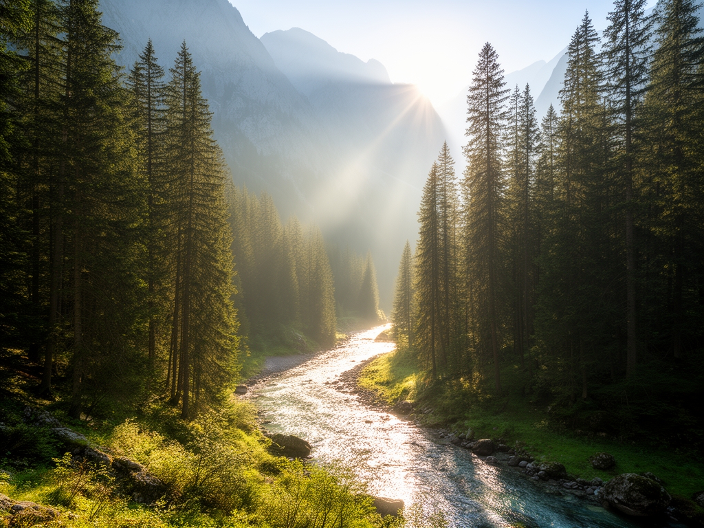 Jutarnji planinarski pejzaž sa sunčevim zracima koji probijaju kroz visoke četinare, reka u dolini blista u ranom jutru, simbolizuje vitalnost i prirodnu energiju