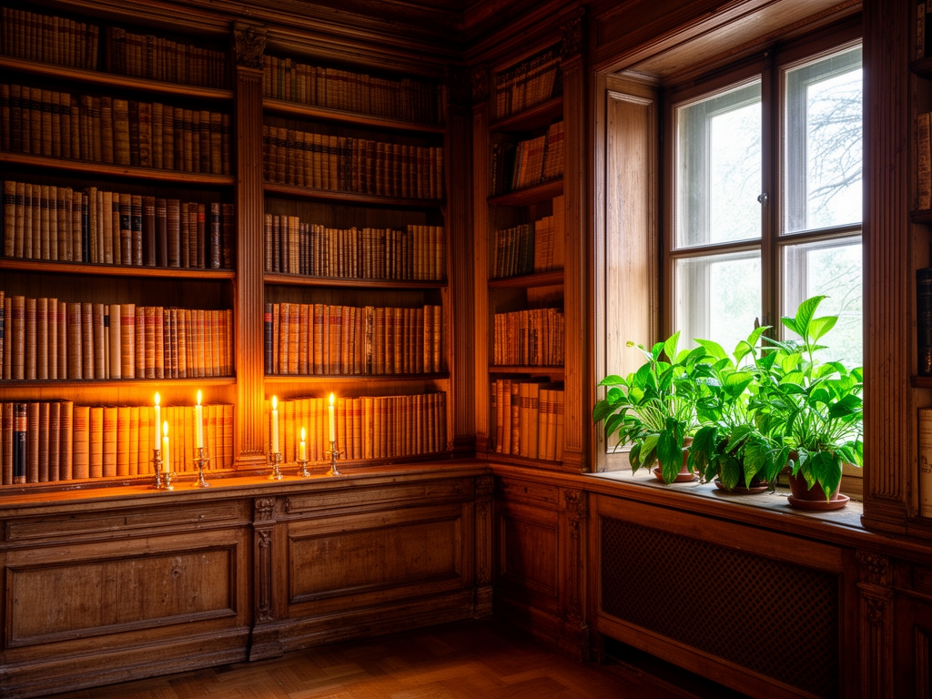 Prostrana stara biblioteka sa visokim drvenim policama punim knjiga, toplim žutim svetlom sveća i zelenim biljkama na prozorskim daskama, atmosfera znanja i mira