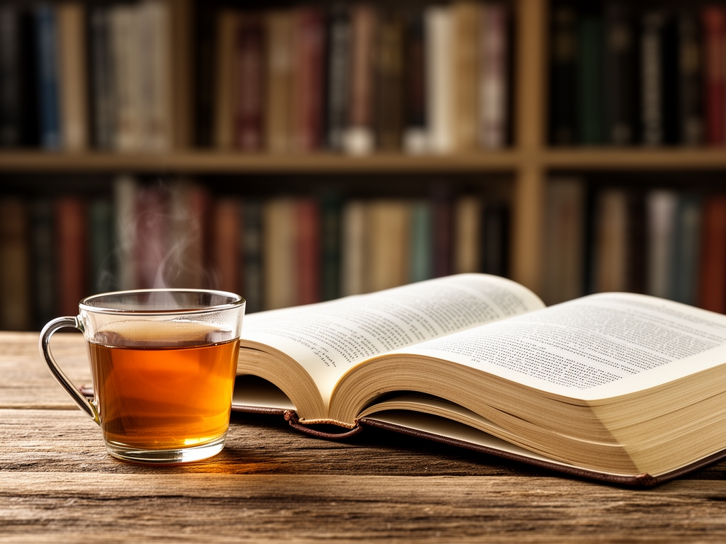 Stara otvorena knjiga na drvenom stolu pored stakla sa toplim čajem, u pozadini police sa knjigama u zamagljenom fokusu, tiha atmosfera učenja i istraživanja