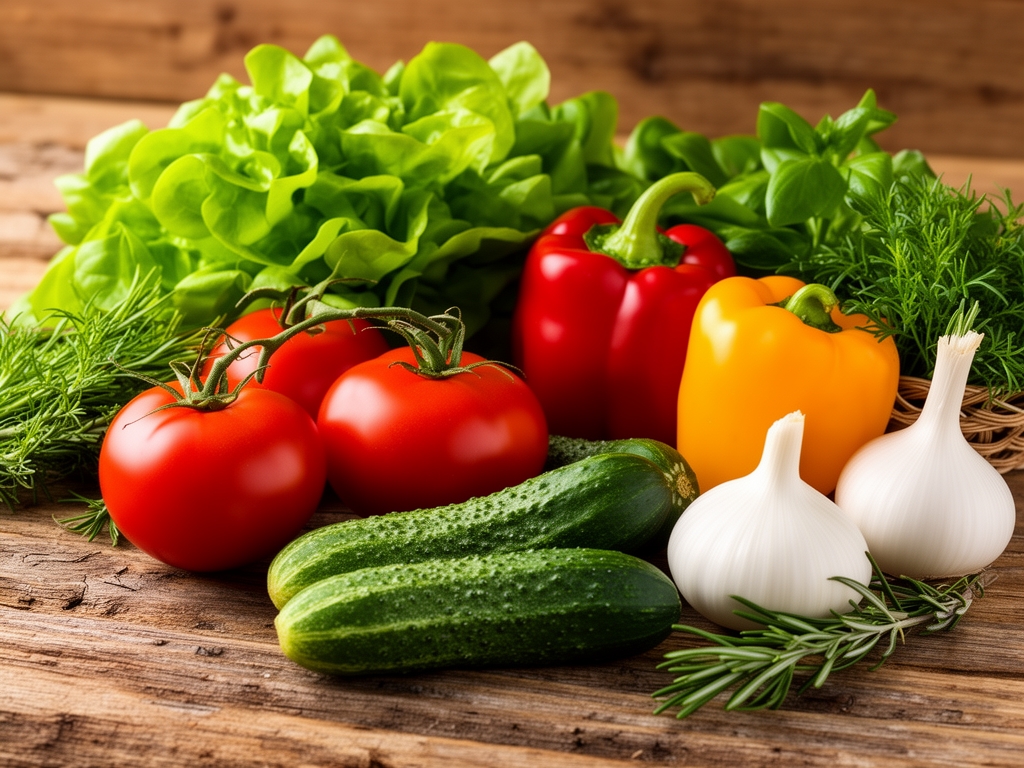 Bogato raspoređeno mediteransko povrće na rustičnom drvenom stolu: paradajz, paprike, zelena salata, krastavci, beli luk i sveže bilje, sve u toplom prirodnom svetlu