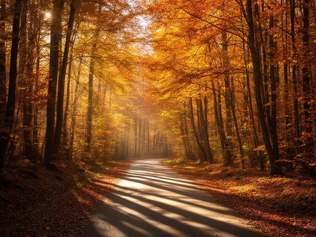Šuma u jesen sa toplim zlatnim i narandžastim bojama lišća, sunčeva svetlost probija kroz drveće i stvara dugačke senke na pešačkoj stazi, prizor mirne prirodne promene