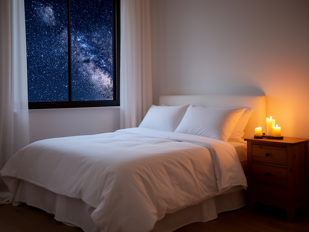 Mirna soba za spavanje s mekim osvetljenjem sveće na noćnom ormariću, belo posteljina na krevetu, kroz prozor se vidi zvezdano nebo, atmosfera dubokog mira i odmora